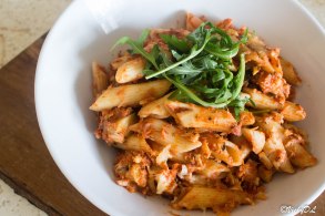 gratin van penne, scampi en kabeljauw