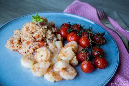 Risotto met scampi en gekonfijte kerstomaten