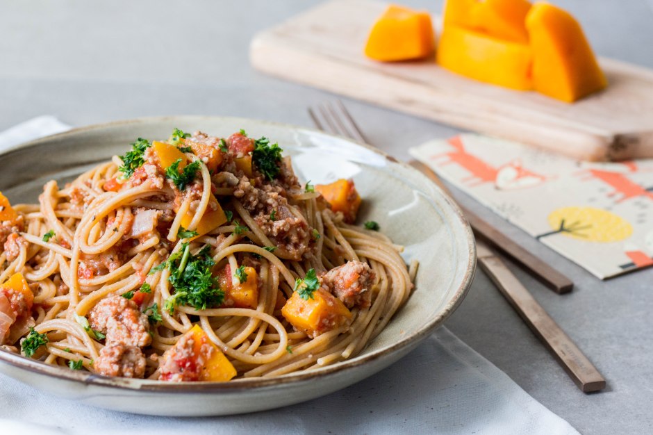Spaghetti bolognese met pompoen