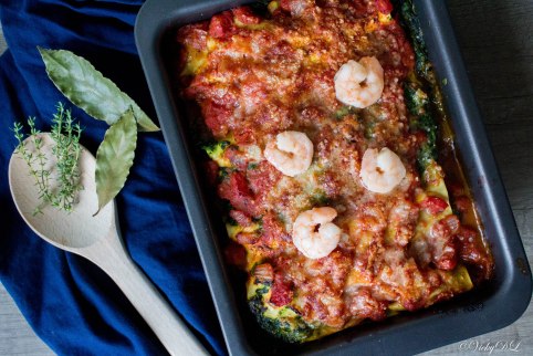 lasagne met spinazie en scampi