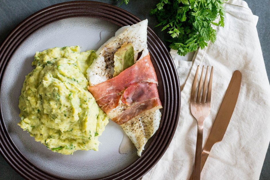 Spruitjesstomp met kabeljauw en parmaham