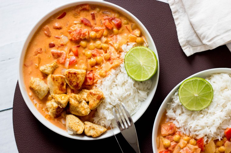 Curry van kikkererwten met rijst en kip - Vickylicious