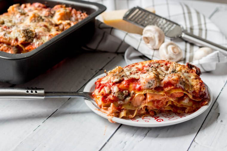 Lasagne met zalm en champignons