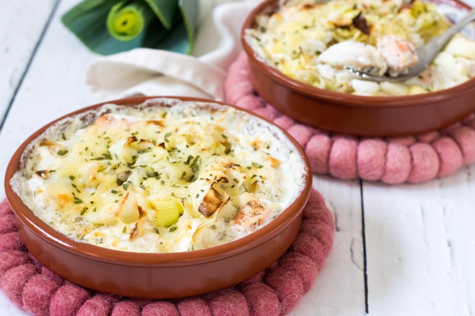 Vispannetje met zalm, kabeljauw en prei - Vickylicious