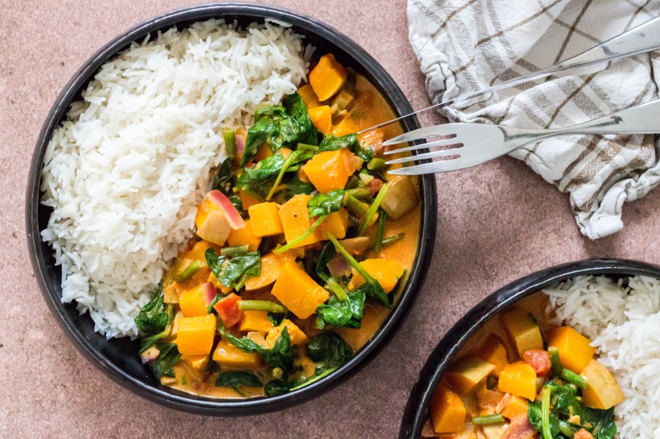 Curry met geroosterde butternutpompoen, spinazie en sperziebonen - Vickylicious